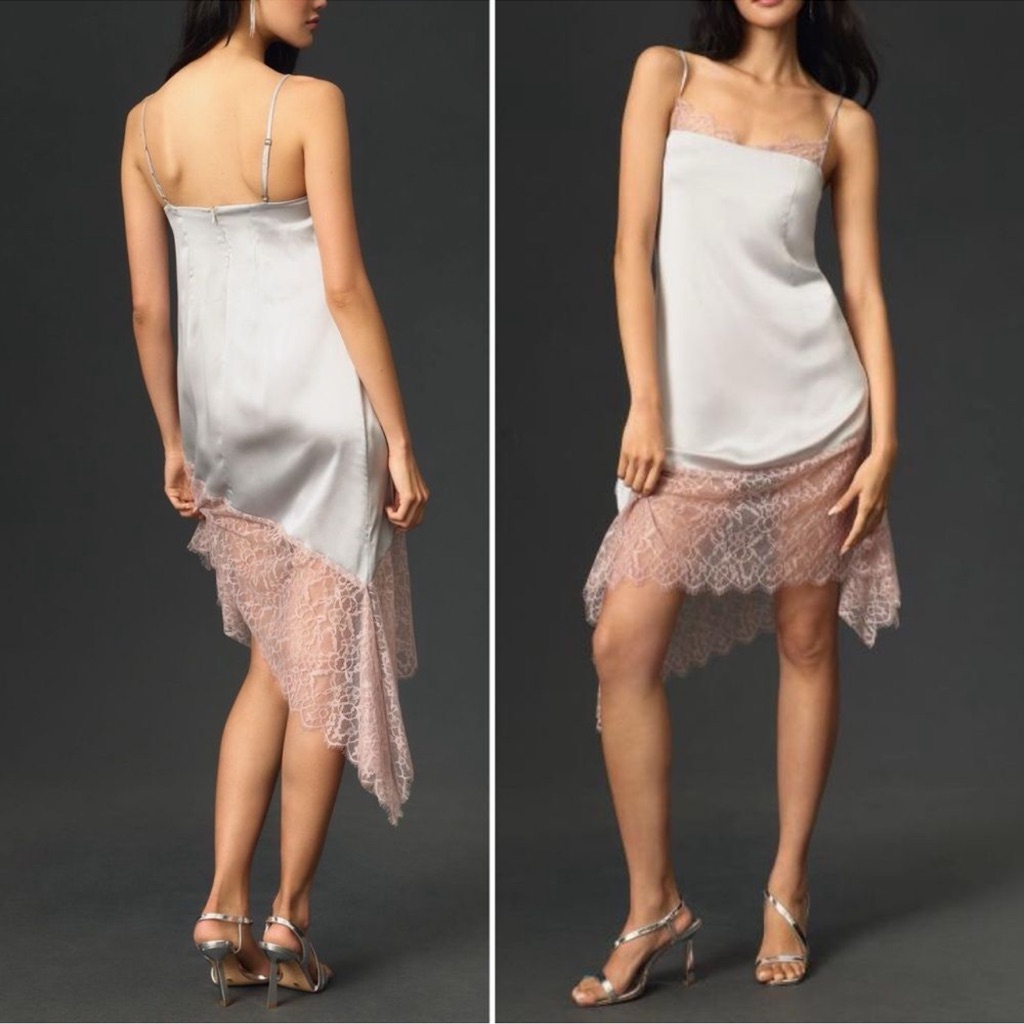 Anthropologie Lace-Trimmed Asymmetrical Midi Slip Dress Gray Pink Size 12 Nwt